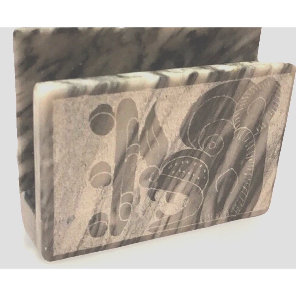 Vintage Marble Desk Decor Black White MCM Aztec Engraved Staging Stone Holder